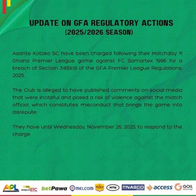 Asante Kotoko Flouts Section 34(6)(d) Premier League Regulations - GFA Slaps Charge